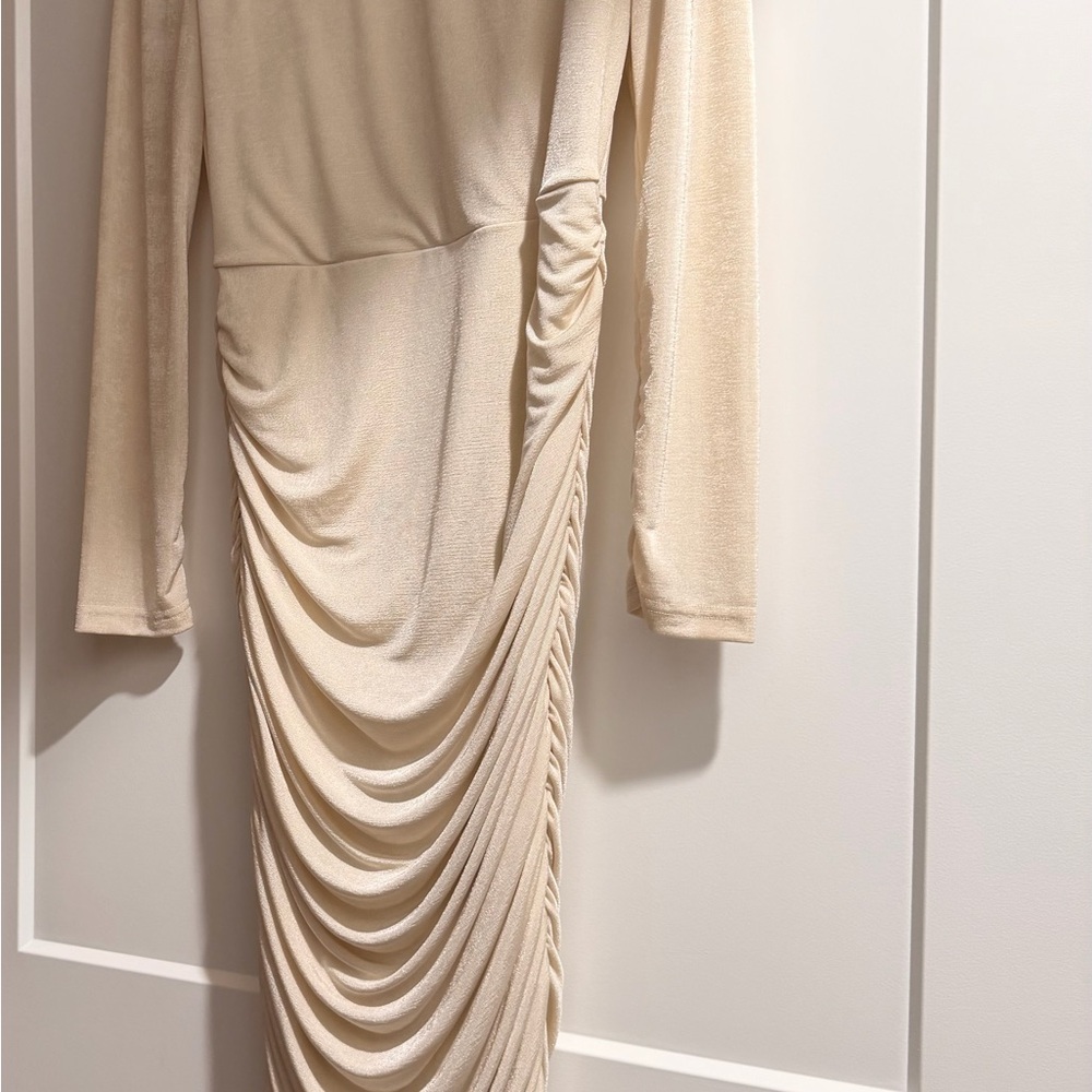 Shein SXY Ruched Midi Bodycon Dress Champagne Cream Size M